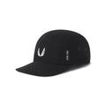 Flatlay of black 0814 Tetra-Lite 5-panel run cap with white wings logo, side view
