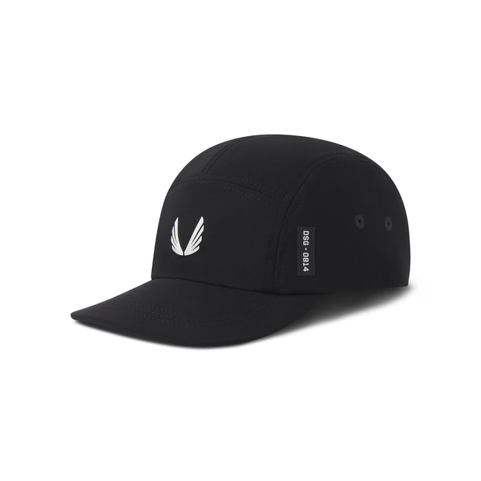 Flatlay of black 0814 Tetra-Lite 5-panel run cap with white wings logo, side view