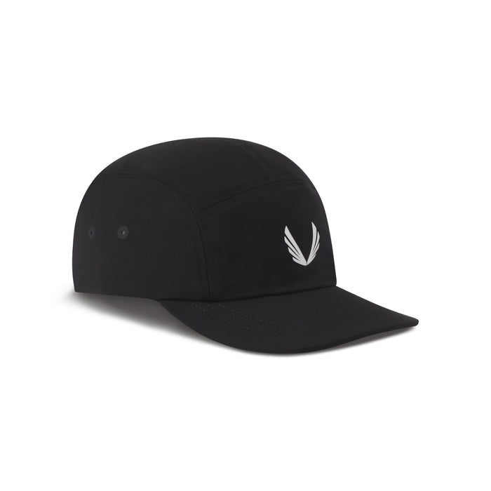 flatlay Tetra-Lite 5-Panel Run Cap in black with white wings logo, side view