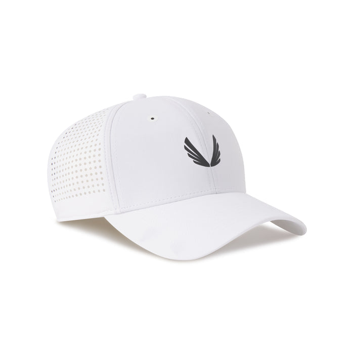 flatlay Tetra-Lite Sport Cap in white with black wings logo, angled front view