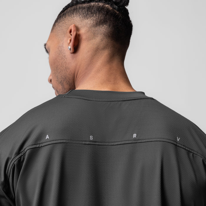 AeroSilver Oversized Tee in Space Grey, worn by model showing back view with ASRV branding