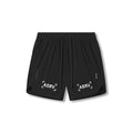 Flatlay of ASRV Tetra-Lite 7" Linerless Short in black with bracket logo, front view