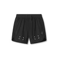 Flatlay of black Tetra-Lite 7" Linerless Shorts with white space bracket detailing, front view