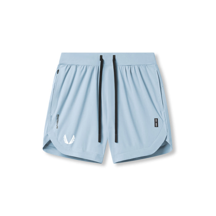 flatlay Tetra-Lite Linerless Short in light sky blue with white wing logo, front view