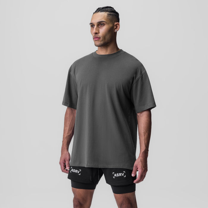 Supima® Oversized Tee in space grey worn by model with black ASRV shorts, front view