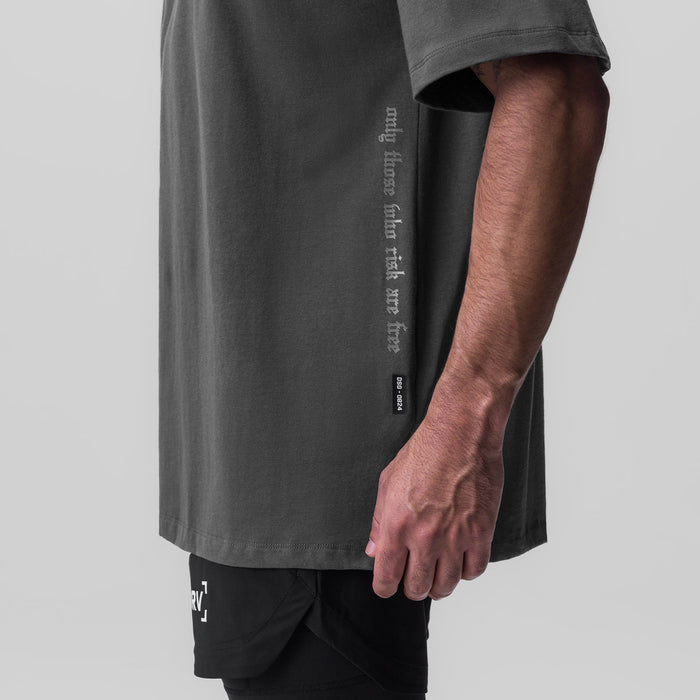 0824 Supima® Oversized Tee in space grey, worn by model showing side view