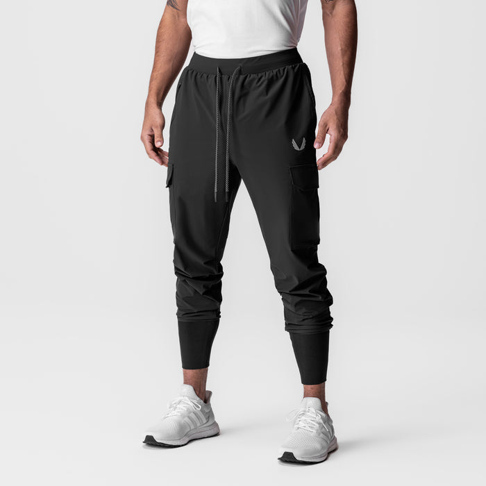 Black Tetra-Lite Cargo High Rib Jogger with reflective details, modeled from front