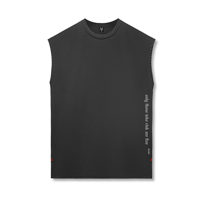 Flatlay of Silver-Lite™ 2.0 Oversized Cutoff sleeveless tank in black with vertical text graphic, front view