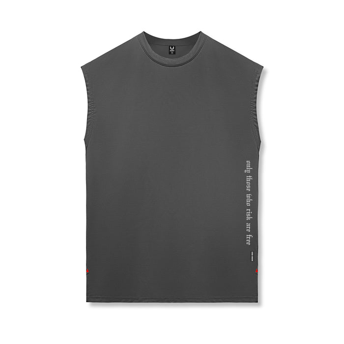 Flatlay of Silver-Lite™ 2.0 Oversized Cutoff sleeveless tank in space grey with OTWR branding