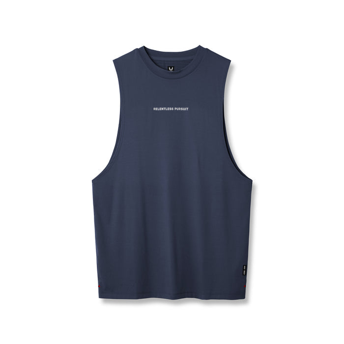 Flatlay of 0837. 3D-Lite® 2.0 Lycra® Muscle Tank in navy with 'Relentless Pursuit' text, front view