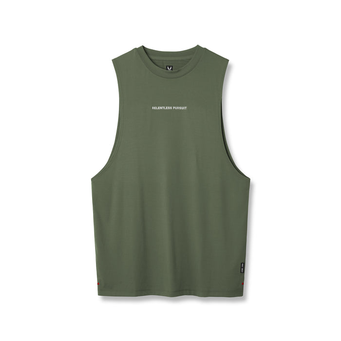flatlay of 0837 3D-Lite Lycra muscle tank in olive with 'Relentless Pursuit' text, front view