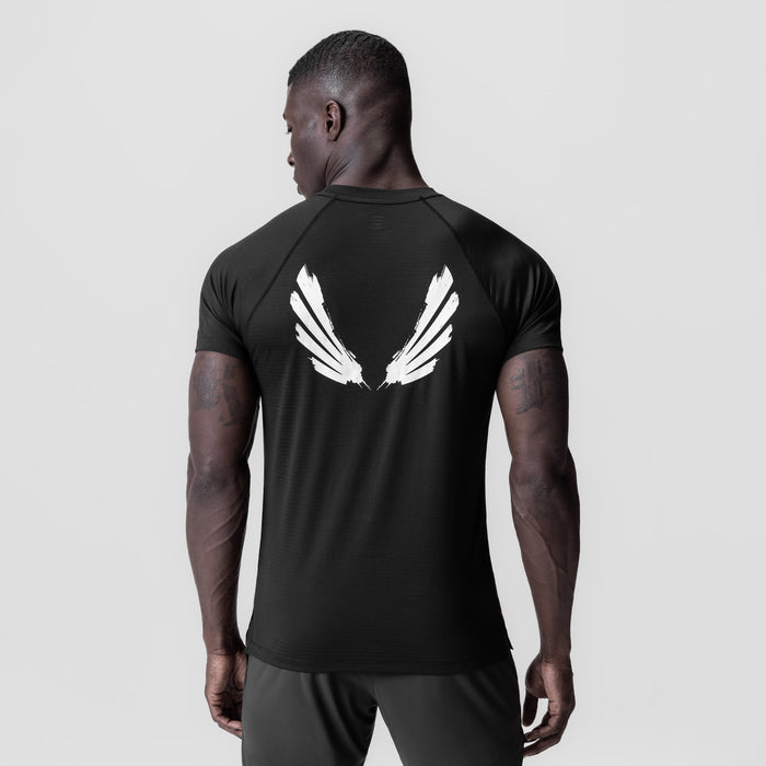 Black fitted tee with white brush wings graphic on back, worn by model