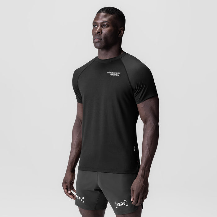 Black 3D-Lite® 2.0 Lycra® Fitted Tee with 'Brush Wings' text, worn by model in three-quarter view