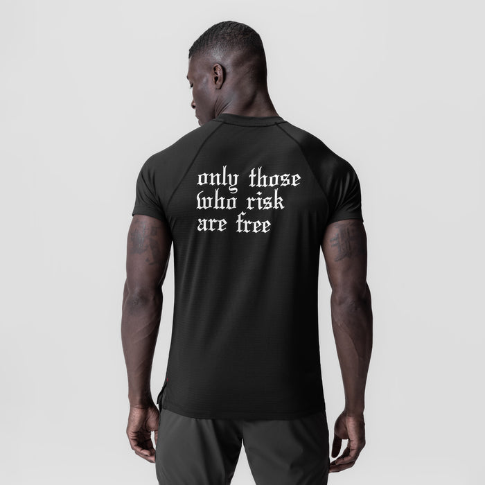 Black 3D-Lite® 2.0 Lycra® Fitted Tee with 'only those who risk are free' text, back view on model
