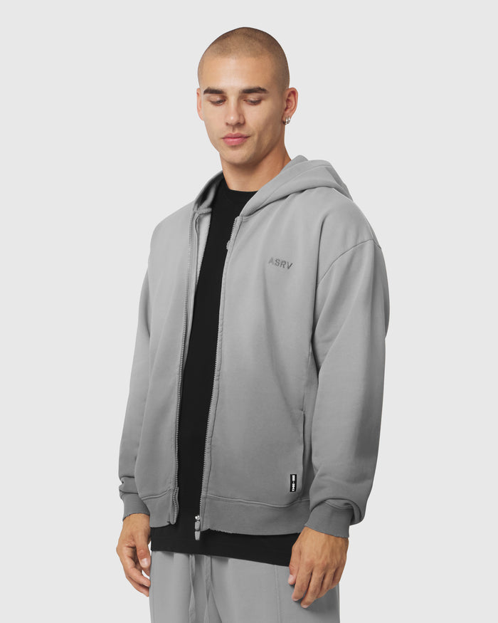 0843. Tech Essential™ Distressed Full Zip Hoodie - Slate Grey Sun Fade