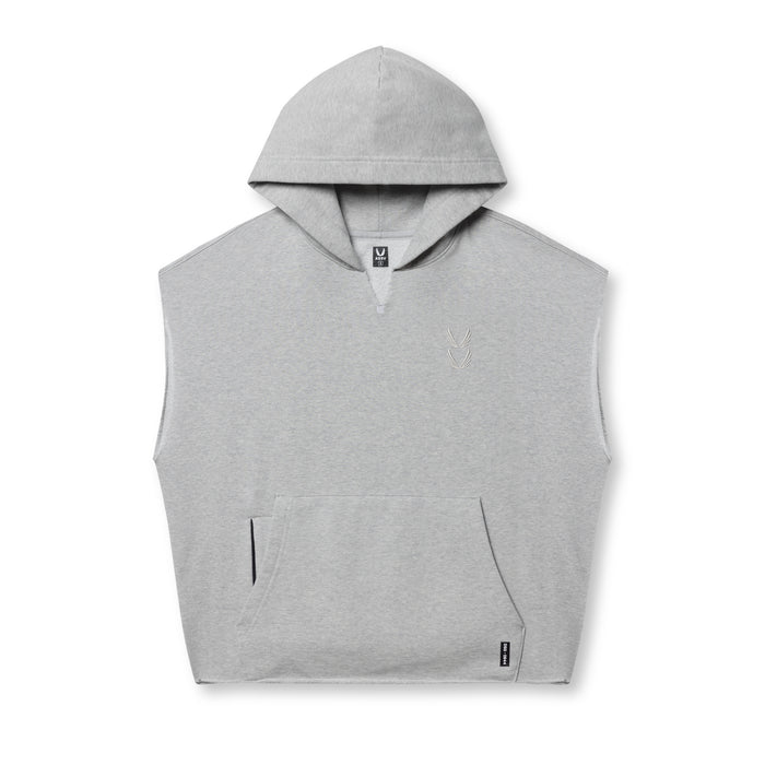 flatlay Tech Essential Raw Hem Cutoff Hoodie in heather grey, front view