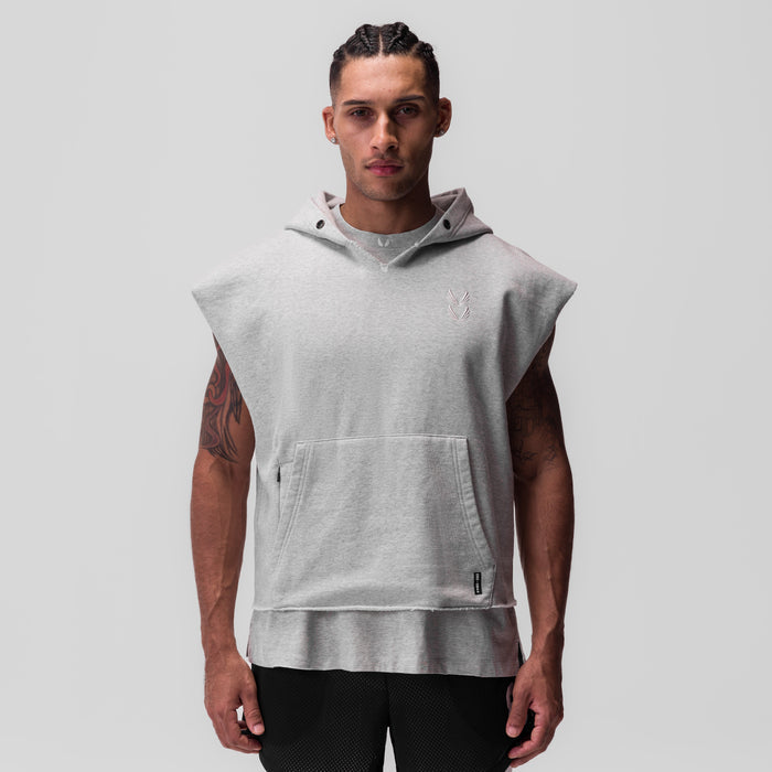 Tech Essential Raw Hem Cutoff Hoodie in heather grey, modeled front view