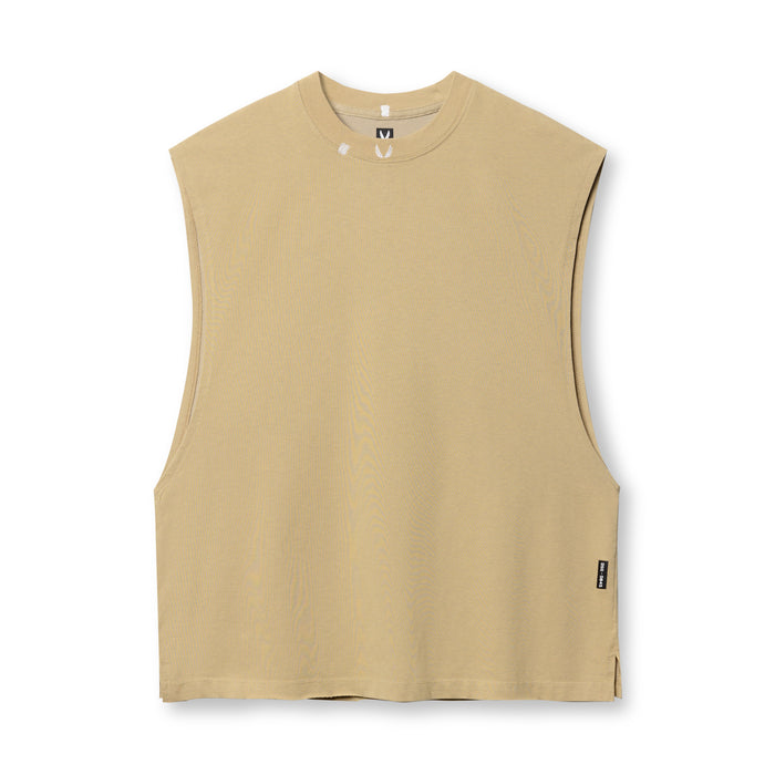 flatlay of Tech Essential Rocker Cutoff sleeveless tank in khaki, front view
