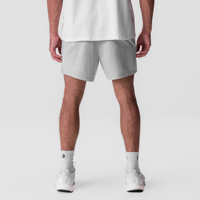 Tech Essential Sweat Short in Heather Grey, rear view on model