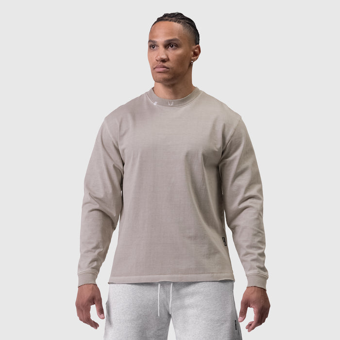 Tech Essential Relaxed Long Sleeve in Faded Chai, worn by model, front view