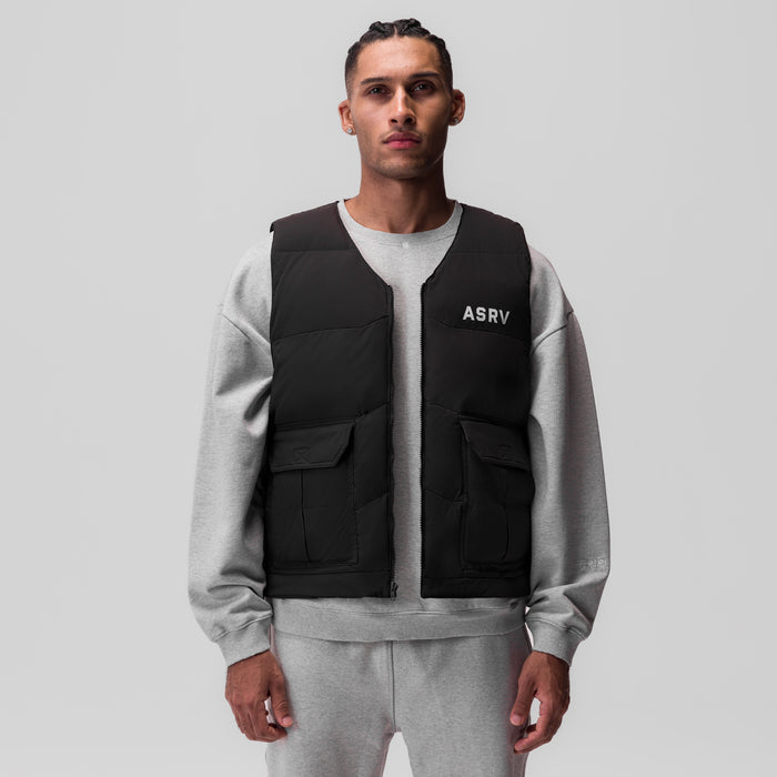 Ripstop Insulated Puffer Gilet in black worn over grey sweatshirt, front view