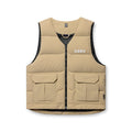 flatlay of ASRV Ripstop Insulated Puffer Gilet in khaki with black trim, front view