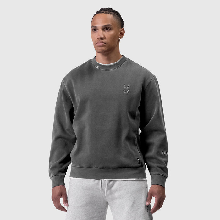 Tech Essential Distressed Crewneck in faded grey, worn by model, front view