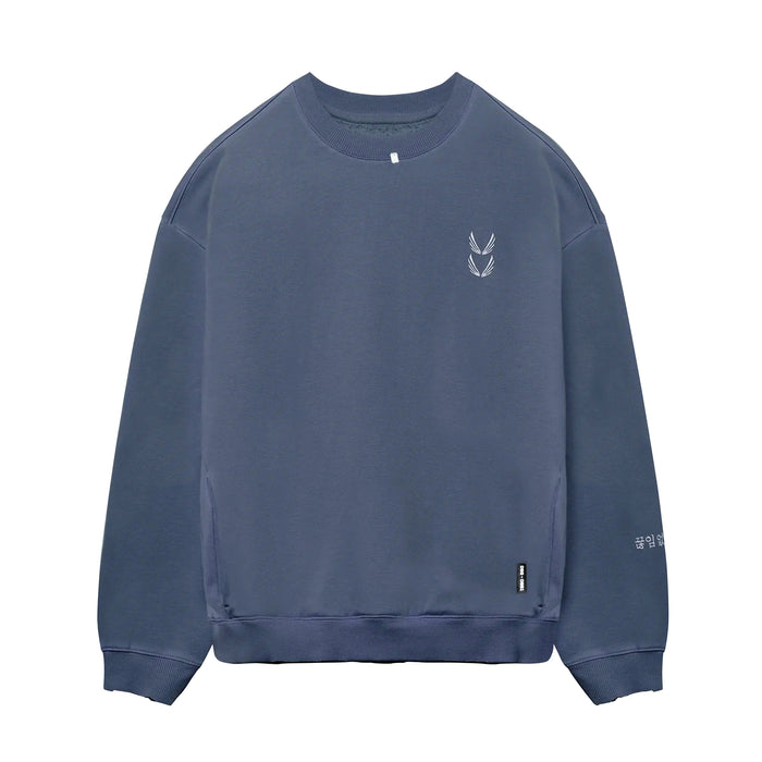flatlay Tech Essential Distressed Crewneck sweatshirt in faded navy, front view