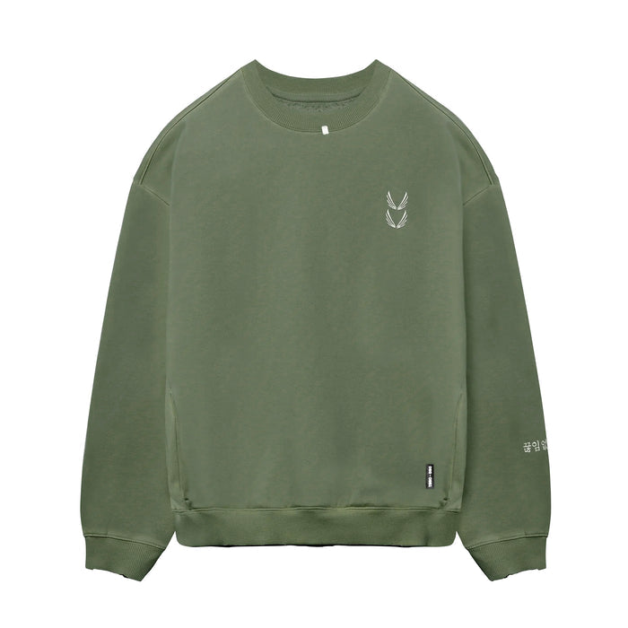 flatlay Tech Essential Distressed Crewneck in faded olive, front view