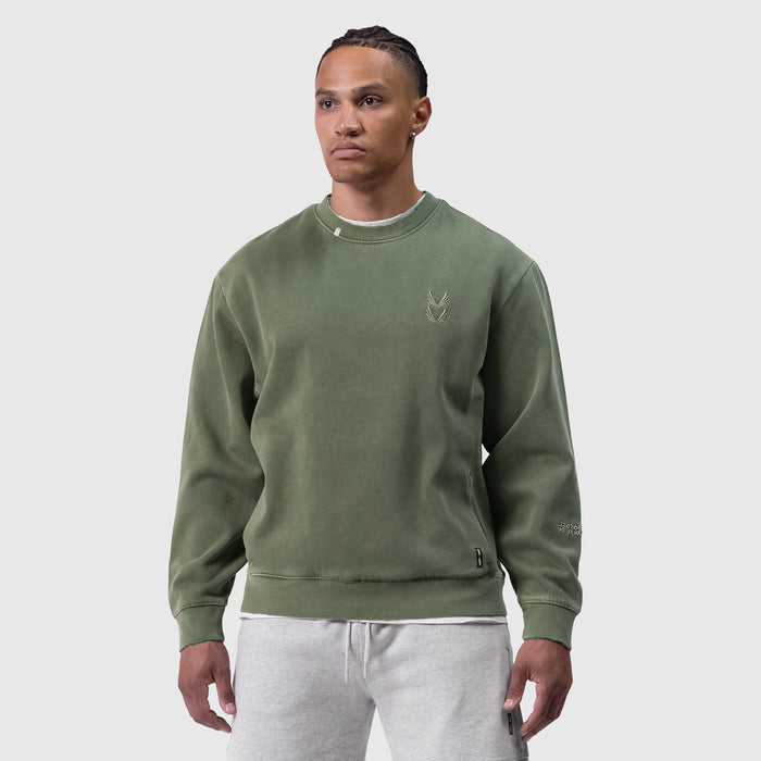 Tech Essential Distressed Crewneck in Faded Olive, worn by model, front view