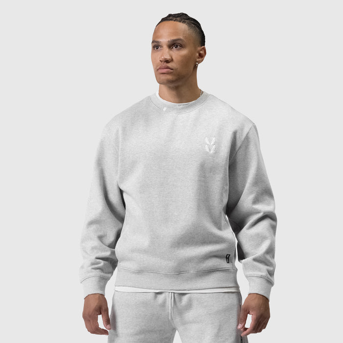 Tech Essential Distressed Crewneck in heather grey, worn by model, front view