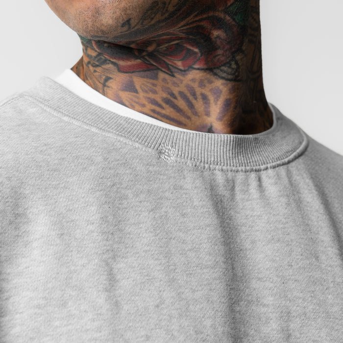 Tech Essential Distressed Crewneck in heather grey, worn by model showing neckline detail