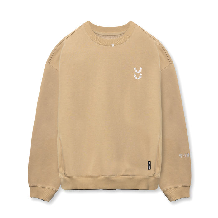 flatlay Tech Essential Distressed Crewneck sweatshirt in khaki, front view