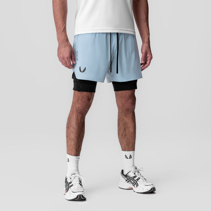 Tetra-Lite 5" Liner Short in Light Sky and Black, worn by model with white tee and sneakers