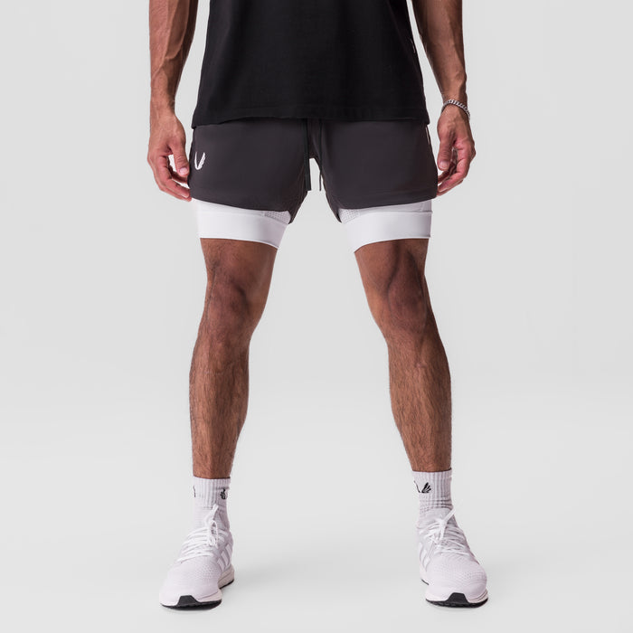 Tetra-Lite 5" Liner Short in Space Grey with white liner, front view on model