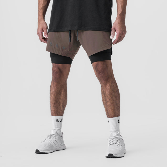 Tetra-Lite 7" Liner Short in Deep Taupe and Black, front view on model