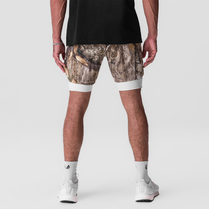 Tetra-Lite 7" Liner Short in Realtree Camo with white trim, back view on model