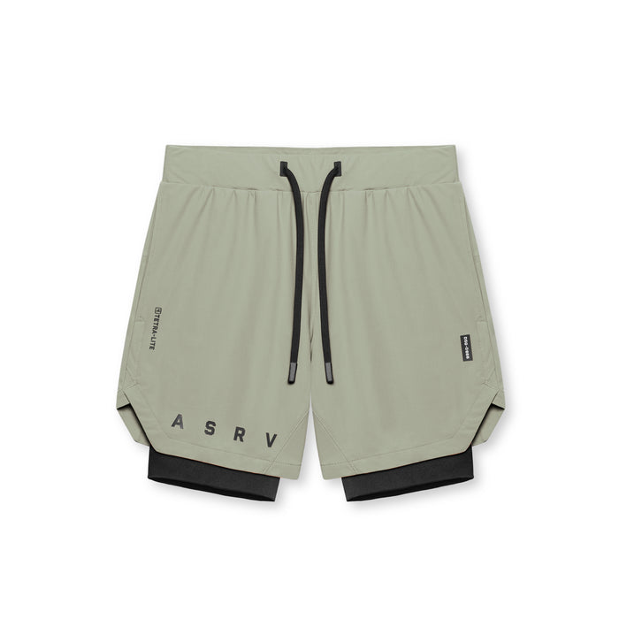 flatlay ASRV Tetra-Lite 7" Liner Shorts in sage and black, front view