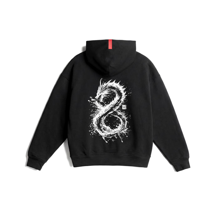 Flatlay Tech-Terry™ Zip Hoodie in black with white dragon graphic, back view