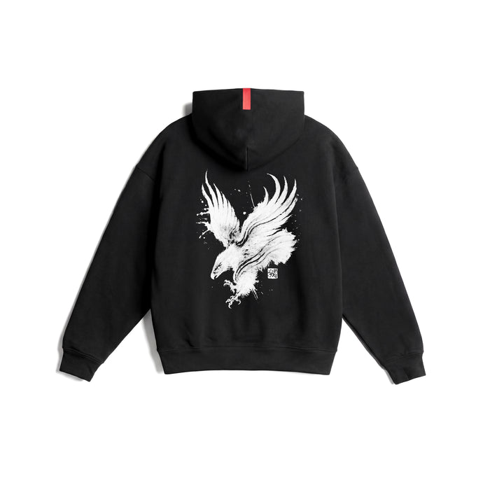 Flatlay Tech-Terry Zip Hoodie in black with white eagle graphic, back view