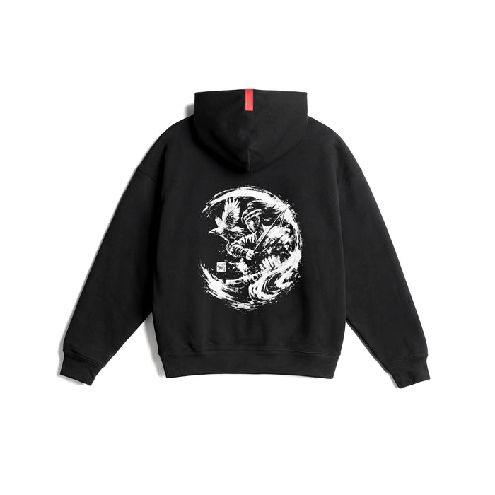 Flatlay Tech-Terry Zip Hoodie in black with white warrior graphic, back view