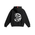Flatlay Tech-Terry Zip Hoodie in black with white warrior graphic, back view