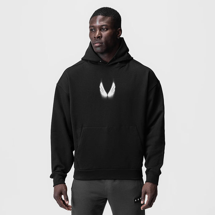 Tech-Terry Zip Pocket Hoodie in black with motion blur graphic, worn by model, front view