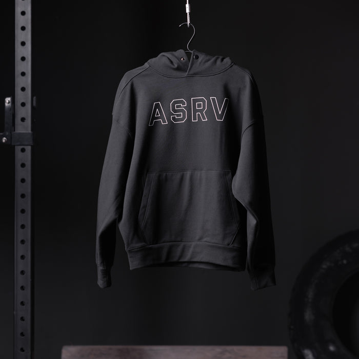 Flatlay Tech-Terry Zip Pocket Hoodie in black with ASRV outline logo, front view