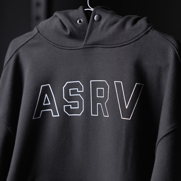 Flatlay Tech-Terry Zip Pocket Hoodie in black with white ASRV outline lettering
