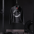 Flatlay Tech-Terry Zip Pocket Hoodie in black with circular text graphic, front view