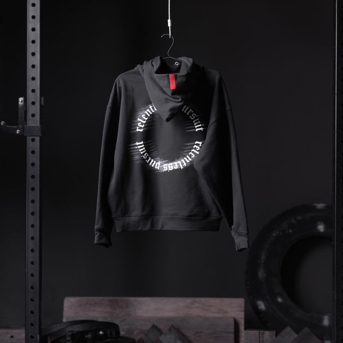 Flatlay Tech-Terry Zip Pocket Hoodie in black with circular text graphic, front view