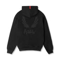 Flatlay Tech-Terry Zip Pocket Hoodie in black with brush wings graphic, back view