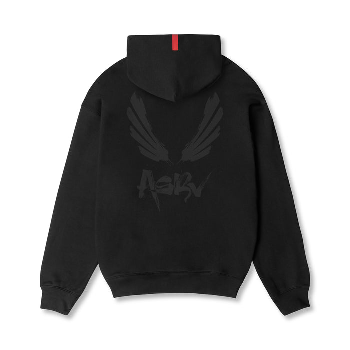 Flatlay Tech-Terry Zip Pocket Hoodie in black with brush wings graphic, back view