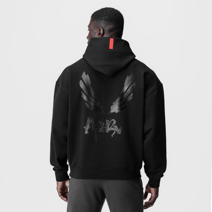 Tech-Terry Zip Pocket Hoodie in black with brush wings graphic, back view on model